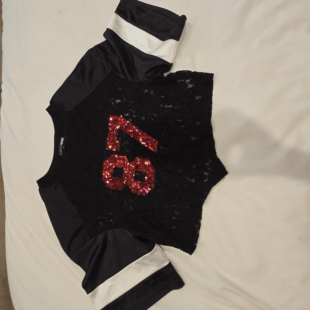 Fashion Nova Black and Red Sequin Lace Crop Top Jersey